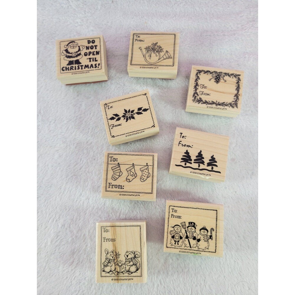 STAMPIN' UP! Christmas Vintage 8 Piece Stamp Wooden Rubber Gift Tag Collection